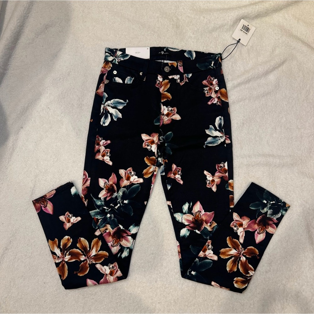 7 For All Mankind Super Skinny Floral Print Jeans Black Orchid Women's Size 25